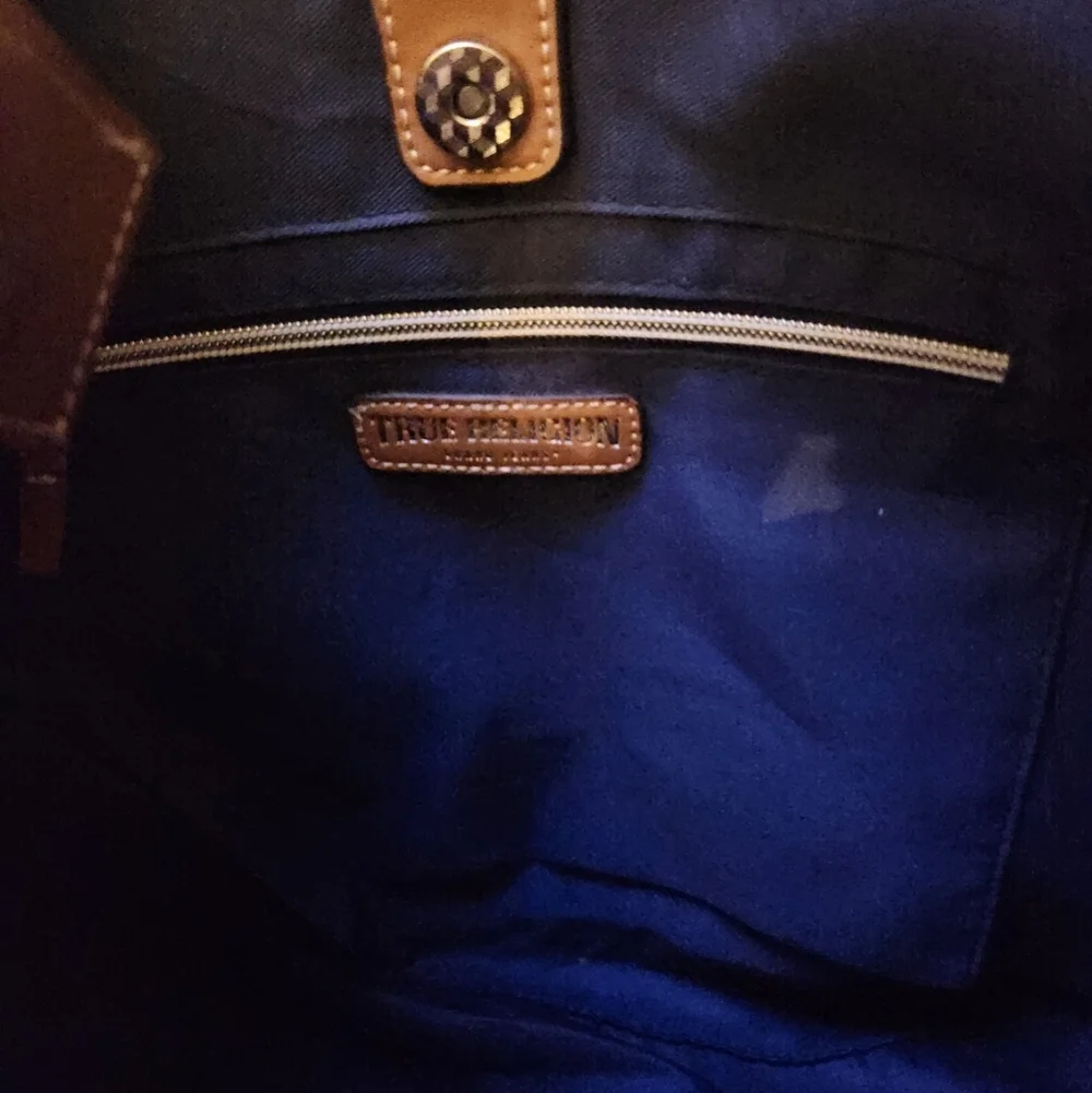 True Religion Blue and Tan Denim Buddha Bag